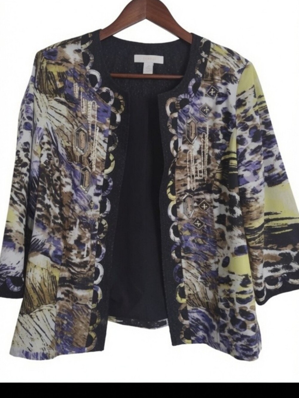 Chico's Artisan Embellished Jacket Animal Abstract Print Open 2/L Mobwife
